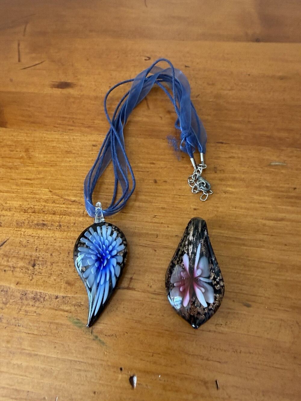 Art Glass Pendant Necklace Blue Floral + Extra Pendant Murano Style